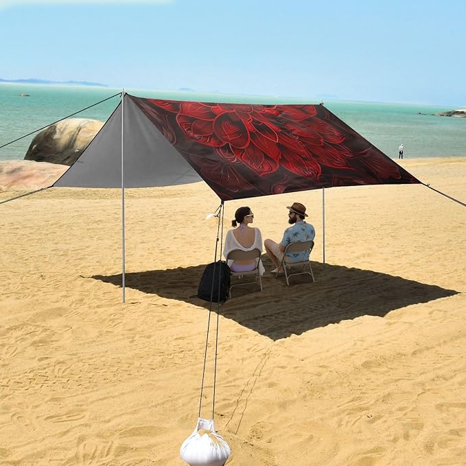 Dark Red Mandala Beach Tent Sun Shelter 9.2' x 10.5' Beach Canopy with 4 Sandbags 4 Stability Poles Sand Shovels - Tent Canopy for Beach Camping Fishing Picnics