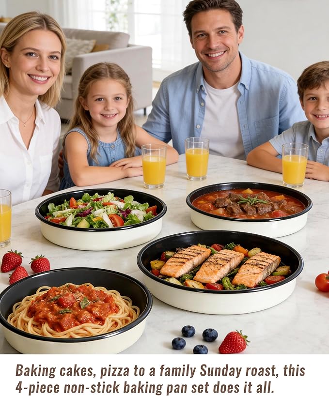 Enamel Round Roasting Pan Set Baking Dish 4-Pack 9/10/12/14 Inch High Temperature Resistance Bakeware for Pizza Chicken Oven Dishwasher Safe Valentine Mother's Day Gift for Wife &amp Mom Cake Pan