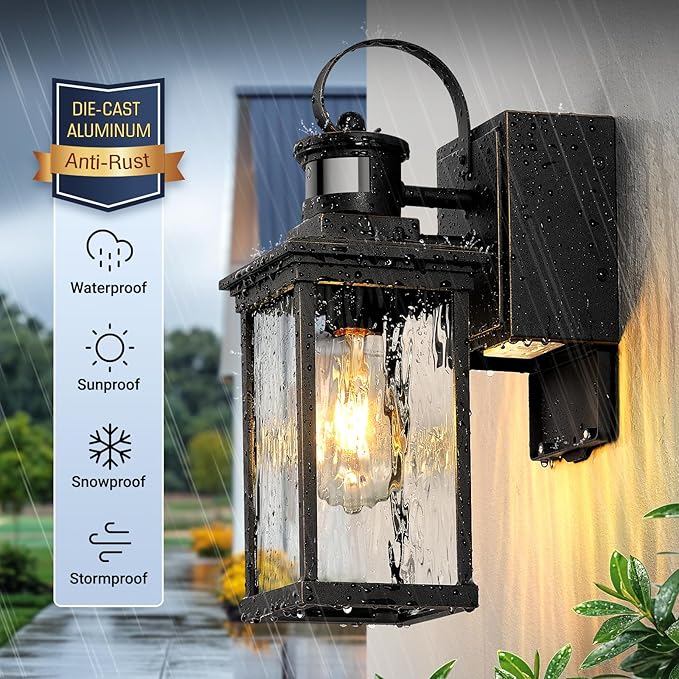 Outdoor Wall Sconce Lights with GFCI Outlet Modern Black Gold Trim Motion Sensor Outdoor Garage Lights Wall Mount Sconce Lantern Die-cast Aluminum Exterior Lighting Fixtures for House Porch