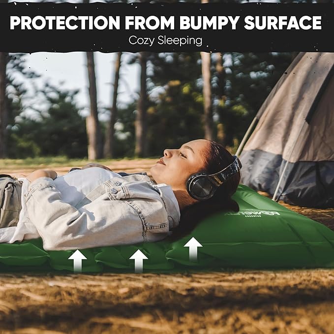 POWERLIX Double Camping Sleeping Pad Camping Pad for 2 Person with Pillow Built-in Foot Pump Inflatable Sleeping Pad for Camping Backpacking Hiking Portable Camping Mattress Green