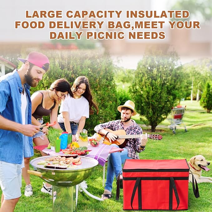 10 Pcs Insulated Food Delivery Bags XXXL Pizza Delivery Catering Bags Large Capacity Cooler Carrier with Handle for Hot and Cold Food Grocery Travel Lunch Shopping Red