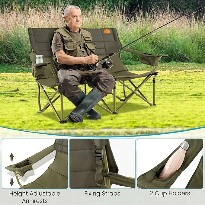 Goplus Double Camping Chair for Adults Low Outdoor Folding Loveseat Couch Chair w/Cup Holders Thick Padding Heavy-Duty 2 Person Lawn Chair for Beach Picnic Travel Supports 660 LBS(2-Person Seat)