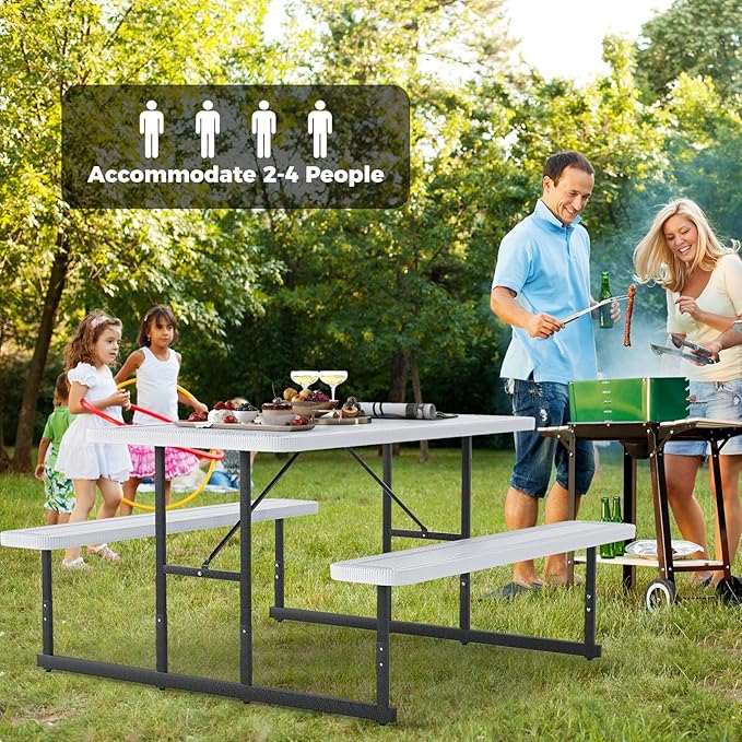 Giantex Picnic Table Bench Set for 4 People 4.5FT Outdoor Rectangular Dining Table &amp 2 Benches w/Umbrella Hole HDPE Tabletop Metal Frame Patio Garden Backyard Poolside (4.5FTNon-FoldableWhit