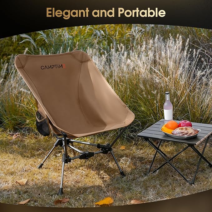 Portable Camping Chair Lightweight Compact Backpacking Chair with Side Pocket Wide Seat Folding Chair for Camping Hiking Beach - Supports 330Lbs Khaki