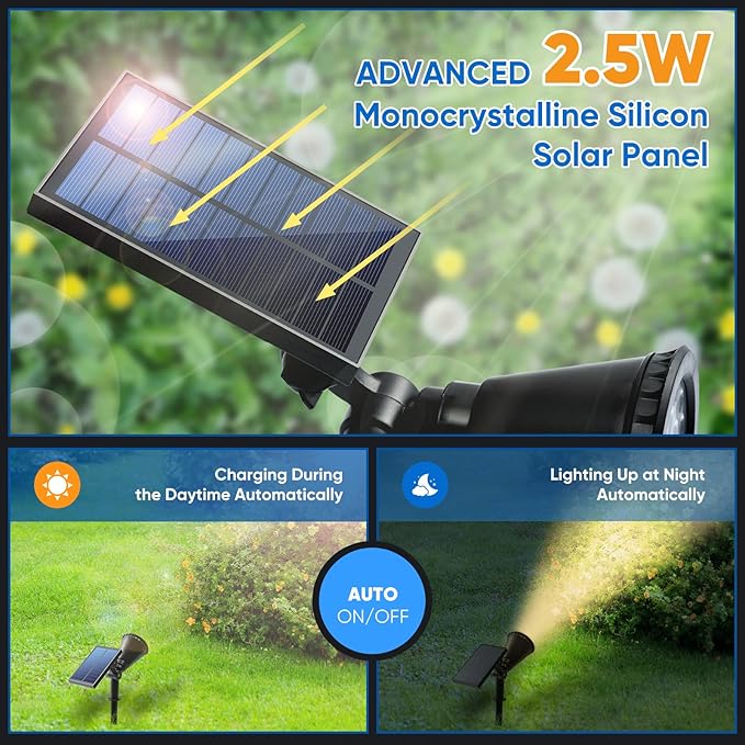 KEV 800 Lumens Solar Spot Lights Outdoor4 Pack 18 LEDs Solar Flood Lights with 2 Modes &ampAdjustable &ampIPX65 WaterproofSolar Spotlight for Driveway/Backyard/Patio Landscape/Tree/Garage(Warm Whi