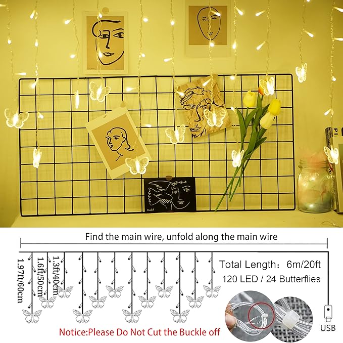 Butterfly Curtain Fairy Lights USB Plug in120 LED 8 Modes 20FT Firefly Twinkle Icicle String Lights with Remote Timer Waterproof Copper Wire for Bedroom Patio Christmas Wedding Party Dorm(Warm White)