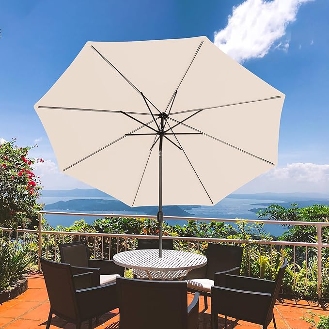Sundale Outdoor Olefin 5-Year-Non-Fading Solar 104 LED 11FT Solar Patio Umbrella with Sand Bag Base Outdoor Umbrella with Tilt and Crank Beige