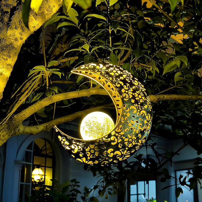 Solar Garden Hanging Moon Lights Outdoor DecorMetal Lanterns Art Decorations for Outside Yard Lawn Patio Wall Fences Driveway TrailUnique Housewarming Gardening Gifts for Women Mom