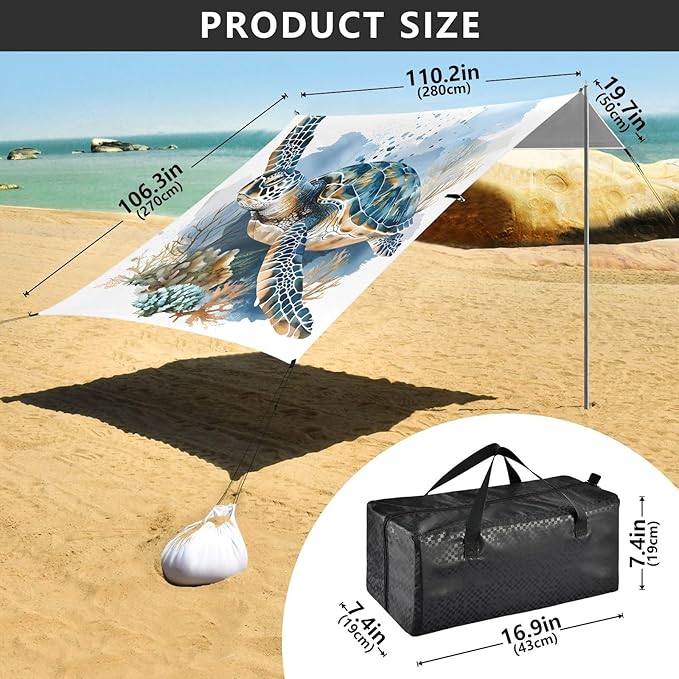 ALAZA Watercolor Turtle Beach Tent Sun Shelter UPF50+ Protection Beach Shade Canopy w/ 4 Sandbags for Outdoor Camping Fishing Backyard Fun Picnic 10x9 ft