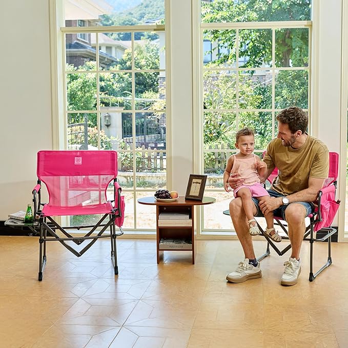 EVER ADVANCED Camping Directors' Chair with Side Table Portable Folding with Compact Size Breathable &amp Quick Dry Design Heavy Duty Lawn Chair with Pocket 400lbs Textilene Mesh Pink