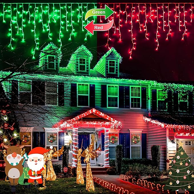 JMEXSUSS 400 LED Red and Green Christmas Lights Red &amp Green Icicle Lights Clear Wire Connectable String Lights Plug in for Christmas Party Outdoor Eaves Home Xmas Decorations