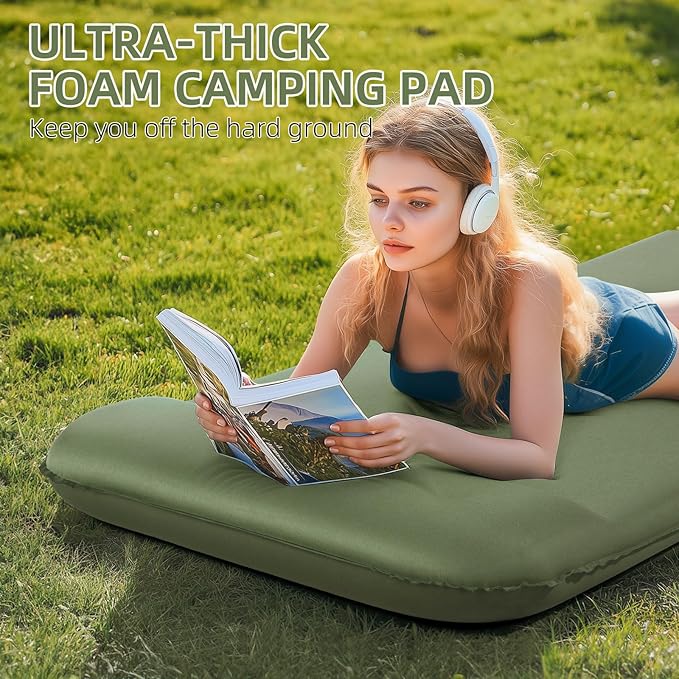 Memory Sleeping Pad 3.1 Ultra-Thick Foam Sleeping Mats for Camping Easy Inflate&ampDeflate9.5 R-Value Insulated Camping Mattress Pad with Pillow for Car Travel Tent