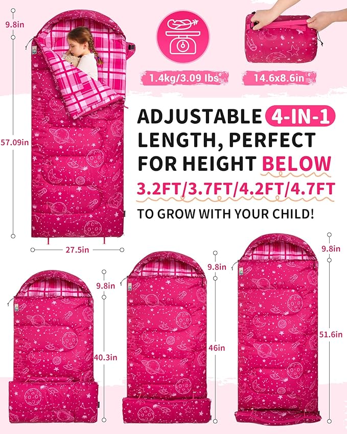 KingCamp 45°F Kids Sleeping Bag Lightweight Waterproof &amp Compact Flannel Sleeping Bags Cold Weather &amp Warm Youth Essentials Gear Accessories for Camping Fits 10-12 Children up to 4'7-5'5 T