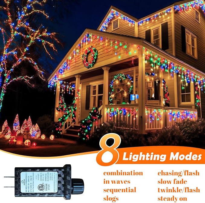 131FT 1280 LED Icicle Outdoor String Lights Multicolor - Waterproof Christmas Curtain Lights 8 Modes Twinkle Function for Patio Wedding Holiday Party Decorations