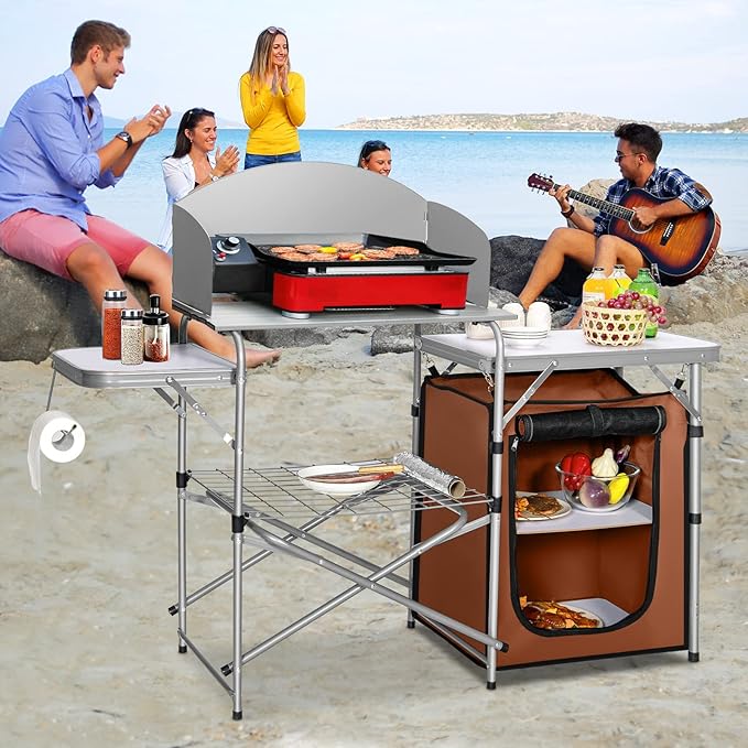 GYMAX Aluminum Portable Camping Kitchen Folding Cooking Table with 26 Tabletop Detachable Windscreen &amp Carrying Bag Outdoor Grill Table for BBQ Backyards