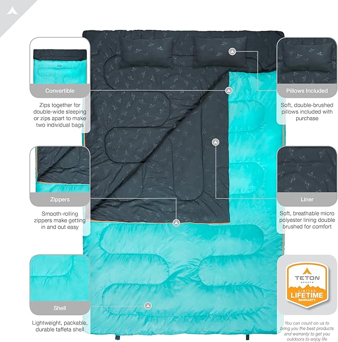 Teton Mammoth Queen Size Double Sleeping Bag- A Warm Bag The Whole Family can Enjoy – Great for Camping Hunting and Base Camp. Compression Sack Included 40F Teal
