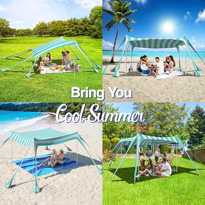 Rhino Valley Beach Tent Shade Canopy UPF50+ Protection 8 Sandbags 4 Stability Poles Outdoor Sun Shelter Umbrella for Sand Camping Fishing Essentials