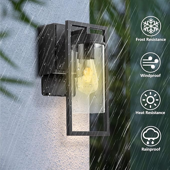 Outdoor Lights with GFCI Outlet Modern Porch Lights Waterproof Exterior Light fixture with Outlet plug Black Wall Sconce Wall Mount with Clear Glass Outside Patio lights for House Garage