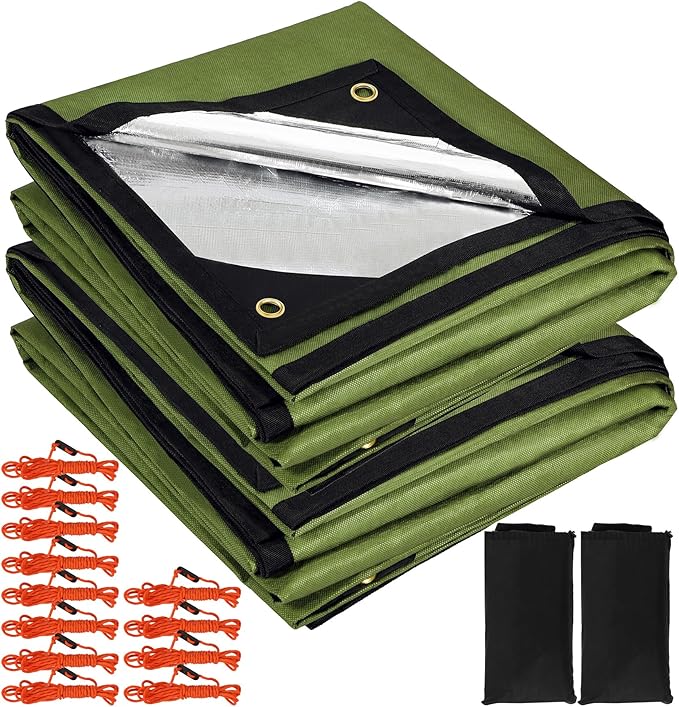 RedSwing 2-Pack Heavy Duty Survival Blanket Waterproof Emergency Thermal Tarp Multipurpose Reflective Insulated All Weather Blankets for Camping Hiking Green11.8 x 8.5 ft