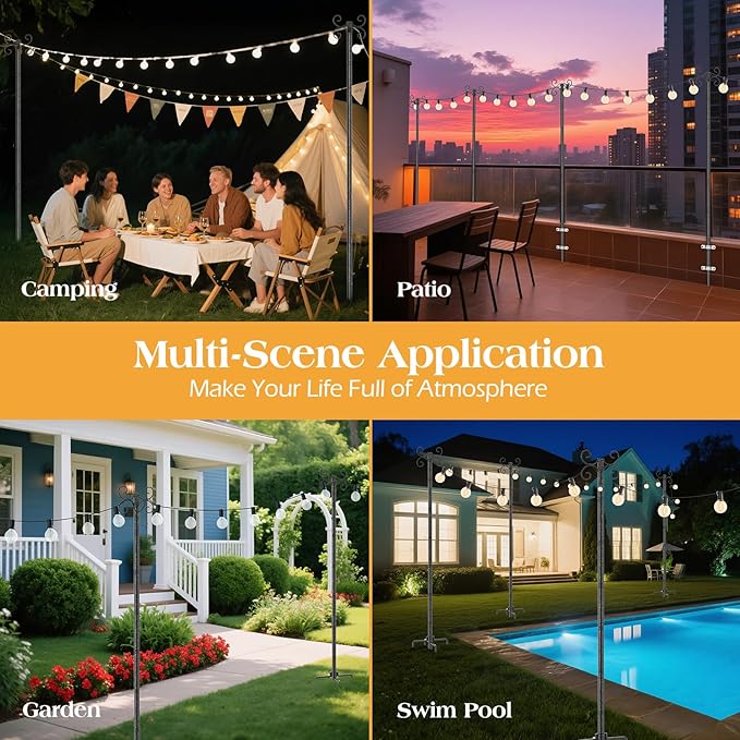 2 Pack Outdoor String Light Poles Metal Lights Hanging Pole with 4 Hooks and Rustproof for Patio Garden Deck Backyard Lawn Sunshade and Decor