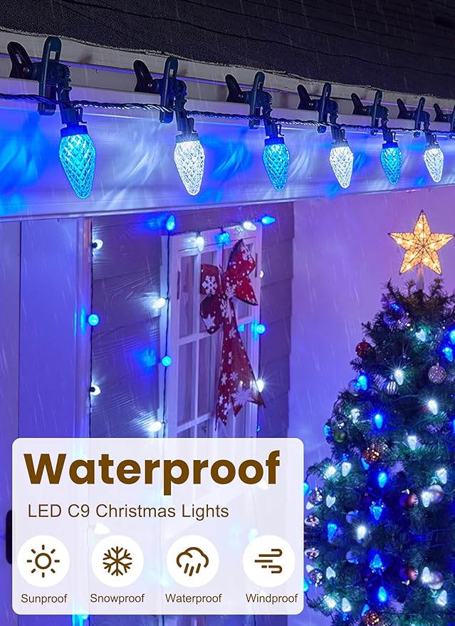 C9 LED Christmas Lights Outdoor 68Ft 100 LED String Lights with Quick Clips Commercial Grade Extendable Waterproof Outdoor Christmas Lights for House Outside Roofline Xmas Decor Blue &amp Pure Whi