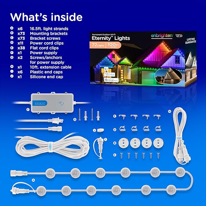 Enbrighten Vibe Eternity Permanent Outdoor Lights for House 100 Feet 72 RGBWIC LEDs Close Spacing 33lm Color Changing Christmas Eave Lighting Smart App Works with Alexa Google Home 81103
