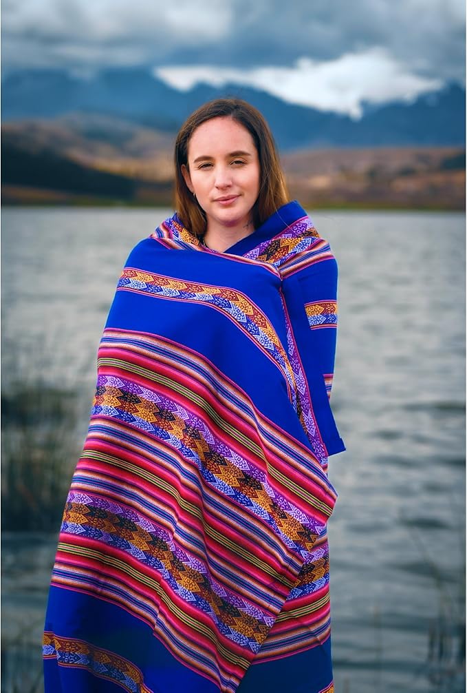 Lucio Fabrics Unique Native Peruvian Throw - Vibrant Colors Lightweight Durable - HomeYoga BeachCampingPicnicOutdoor Activities Thin Blanket 70'' x 47'' (Blue Mountain Loom)