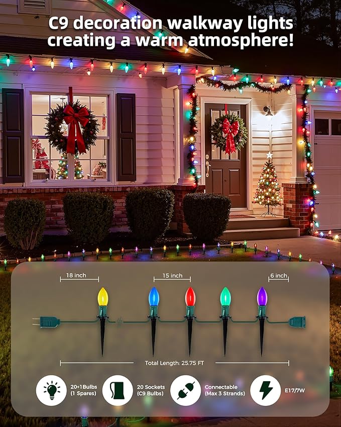 C9 Christmas Lights Outdoor 2 Packs Total 51.4 Ft Christmas Pathway Lights with 40 LED Bulbs and Stakes Outdoor Decorations Yard Walkway Sidewalk Holiday Multicolor