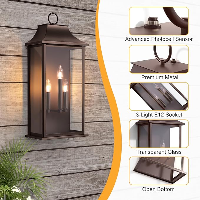 Dusk to Dawn Outdoor Wall Lights 3-Light Oil Rubbed Bronze Exterior Lighting Fixtures 25.3 Large Outdoor Wall Sconce Waterproof Outside Wall Lantern for Porch Patio Garage