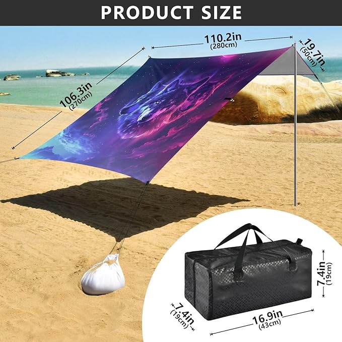 Camping Sun Shelters Neon Wolves with Sharp Eyes Beach Canopy 126 * 110.2in