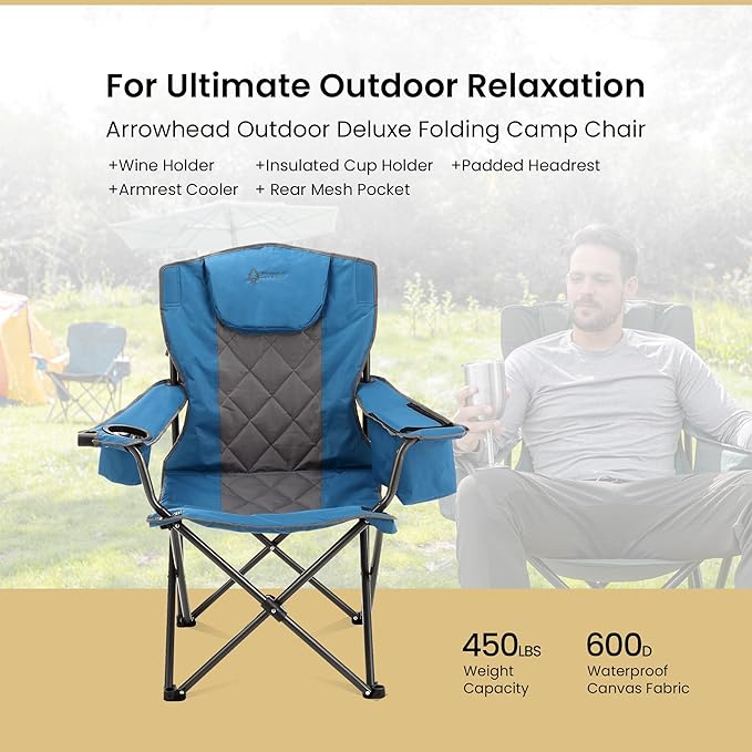 ARROWHEAD OUTDOOR 2-Pack Portable Folding Camping Quad Chair w/ 6-Can Cooler Cup &amp Wine Glass Holders Heavy-Duty Carrying Bag Padded Armrests Headrest &amp Seat Supports up to 550lbs