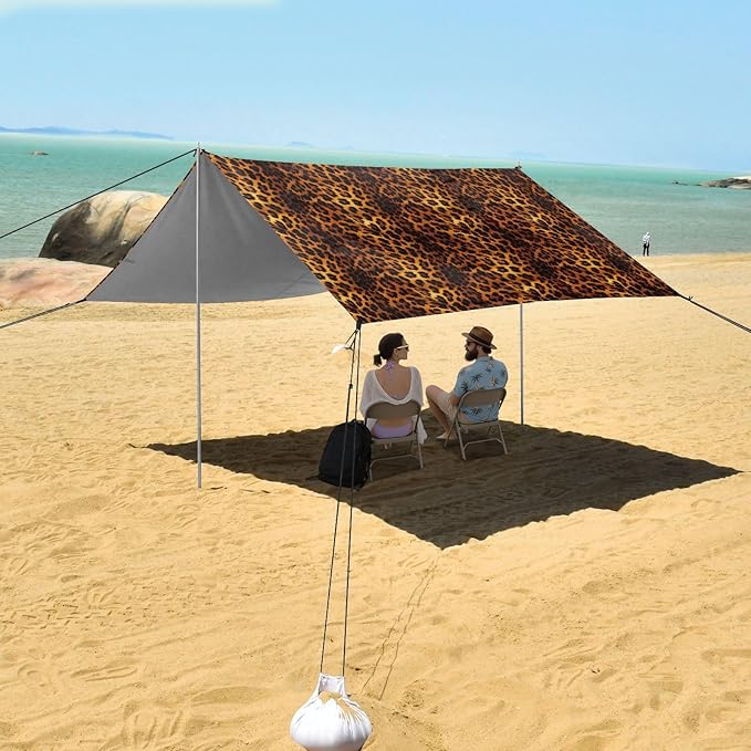 ALAZA Brown Leopard Cheetah Print Beach Tent Sun Shelter UPF50+ Protection Beach Shade Canopy w/ 4 Sandbags for Outdoor Camping Fishing Backyard Fun Picnic 10x9 ft