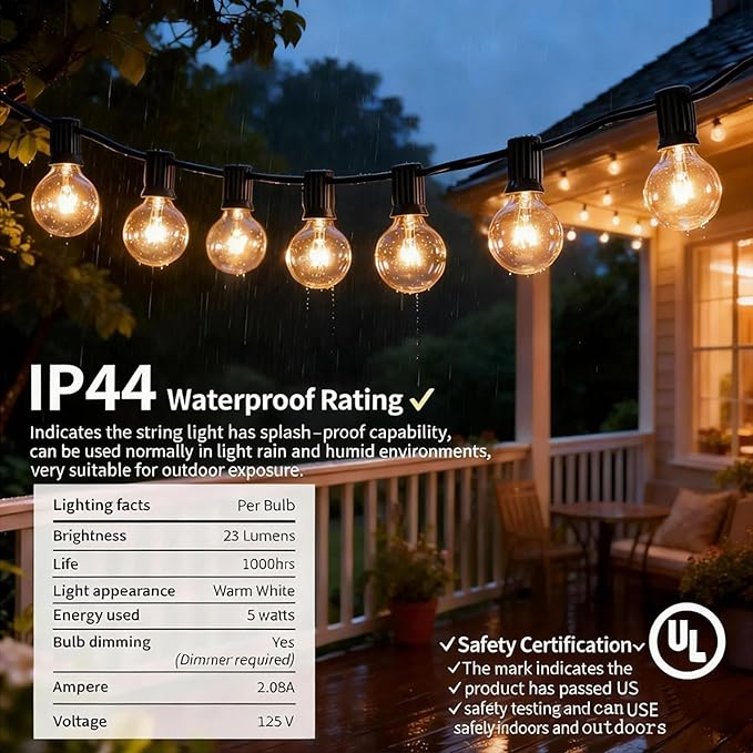 Abeja 25Ft Outdoor Patio String Lights G40 Outdoor Globe String Lights with 27 Clear Bulbs Hanging Light for Porch Backyard Deck Bars Wedding Indoor Decor E12 Base 5W Black Wire