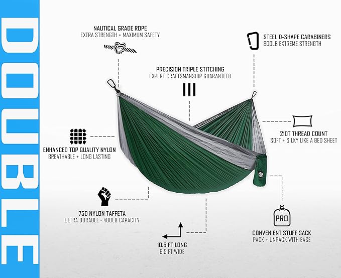 Camping Hammock 500 lb Capacity – Portable Double Hammock with Tree-Friendly Straps and Carabiners Lightweight for Backpacking Hiking Travel Beach Backyard