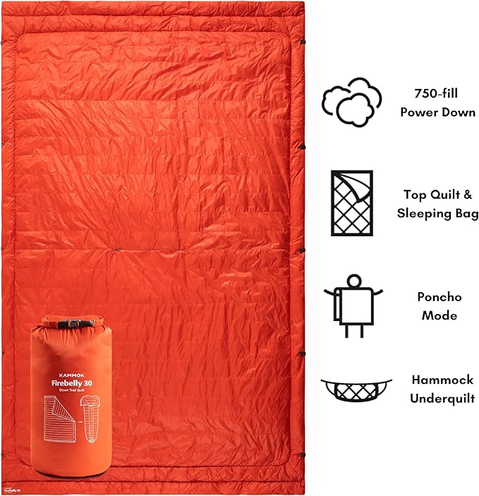 KAMMOK Firebelly 30°F - Down Trail Quilt Water Resistant Durable Compact and Packable Indoor/Outdoor Camp Blanket (88 in × 54 in)