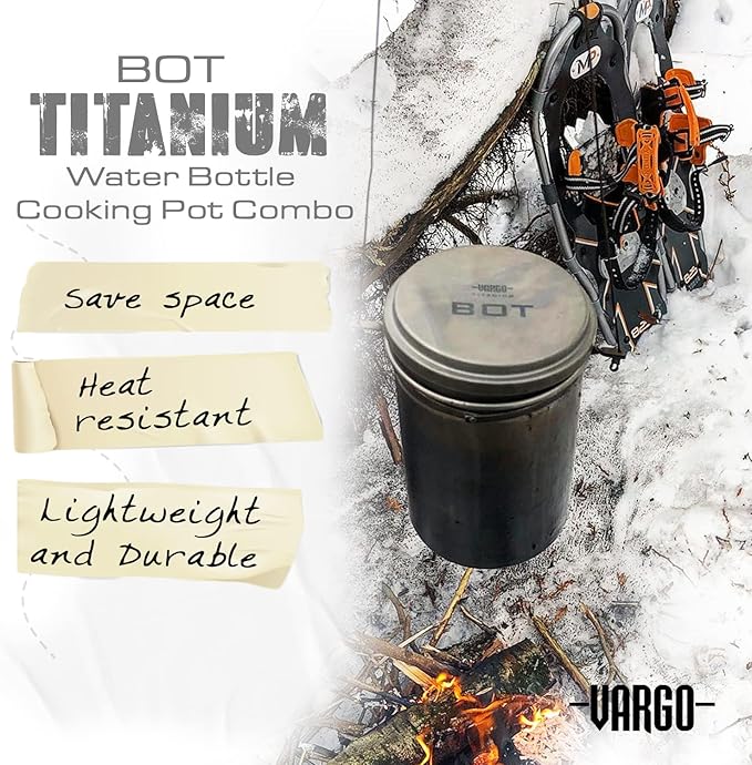 Vargo Titanium BOT Series | 1 Liter (34 oz.) Ultralight Water Bottle Cooking Pot Weighs 147 grams (5.2 oz.) | Backpacking Camping Multipurpose
