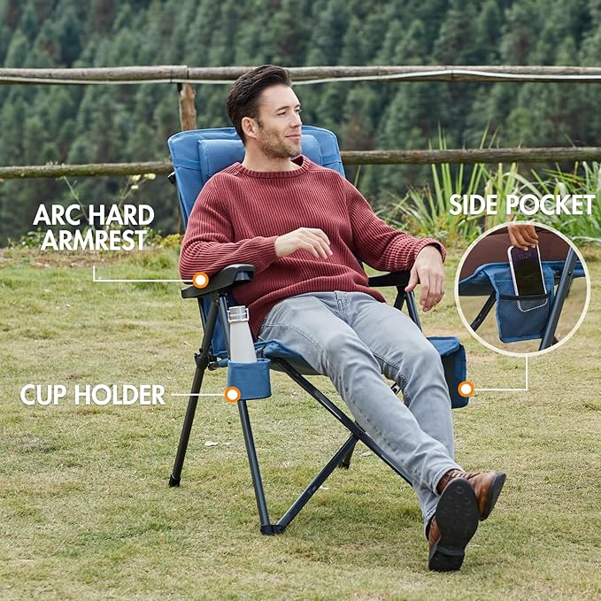 Portal Reclining Camping Chair with Adjustable Back Folding Camp Recliner for Adults Portable High Back Oversized 350LBS (Blue)