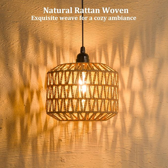 Battery Operated Outdoor Chandelier Battery Power Hanging Pendant Lights Woven Rattan Gazebo Light Outdoor Waterproof for Gazebo Pergola Porch Indoor Outdoor Decor Lighting (7.8)