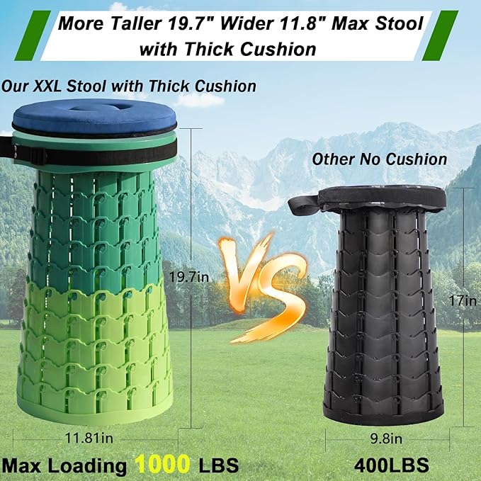 2026 Upgraded XXL Collapsible Stool with Thick Cushion19.7H-11.8D Telescoping Folding Stool for Adults More Sturdy Camping Stools with Load Capacity 1000lbs for OutdoorGardenFishingHiking