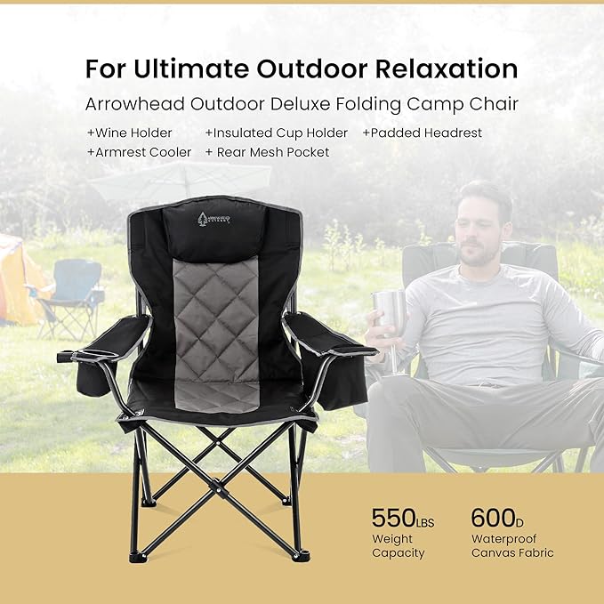 ARROWHEAD OUTDOOR 2-Pack Portable Folding Camping Quad Chair w/ 6-Can Cooler Cup &amp Wine Glass Holders Heavy-Duty Carrying Bag Padded Armrests Headrest &amp Seat Supports up to 550lbs