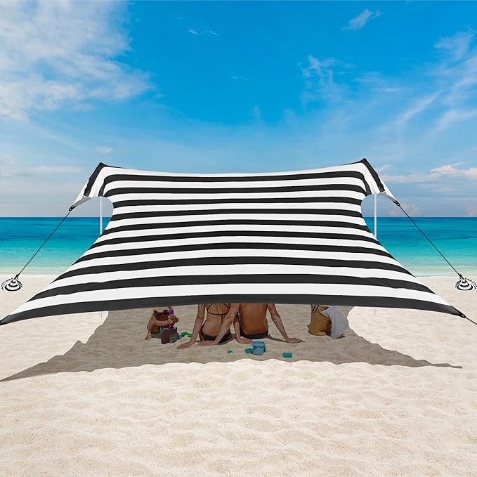 Beach Tent Beach Canopy Sun Shade UPF 50+ Portable 10×10 FT Camping Sun Shelter with Sandbags Poles Ground Pegs and Anti-Wind Ropes for Outdoor Backyard Picnics Fishing-Black Stripe