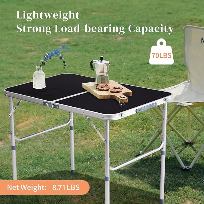 3ft Small Folding Camping Table Portable Lightweight Fold Up Utility Side Tables with Carrying Handle Outdoor Aluminum Fold in Half Dining Card Table for Picnic Party Events (Black)