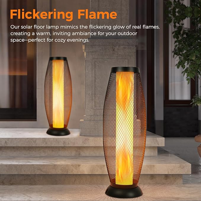 Solar Yard Solar Outdoor Floor Lamp Metal Wire Shade LED Modern Outdoor Flickering Lantern Weather Resistant for Balcony Porch Garden Pathway Black