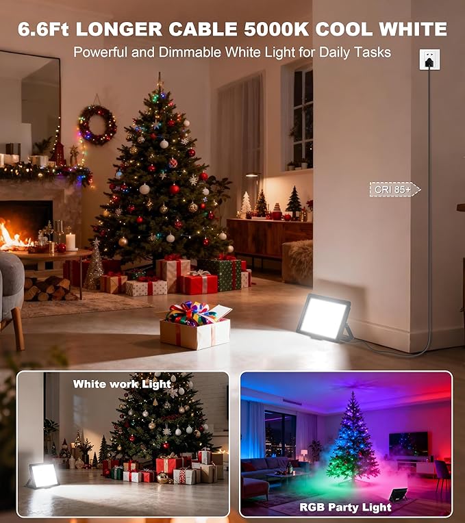 100W LED Flood Light with Remote &amp 6.6Ft Cable Christmas Floodlight RGB IP66 Waterproof Color Changing 5000K White Daylight Timing Waterproof Landscape Light Outdoor Uplight for Event 4 Pack