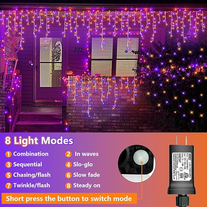 QITONG Orange and Purple Icicle Lights for Outside 33ft 400 LED String Light Indoor Plug in 8 Modes Connectable Halloween Icicle Lights Clear Wire