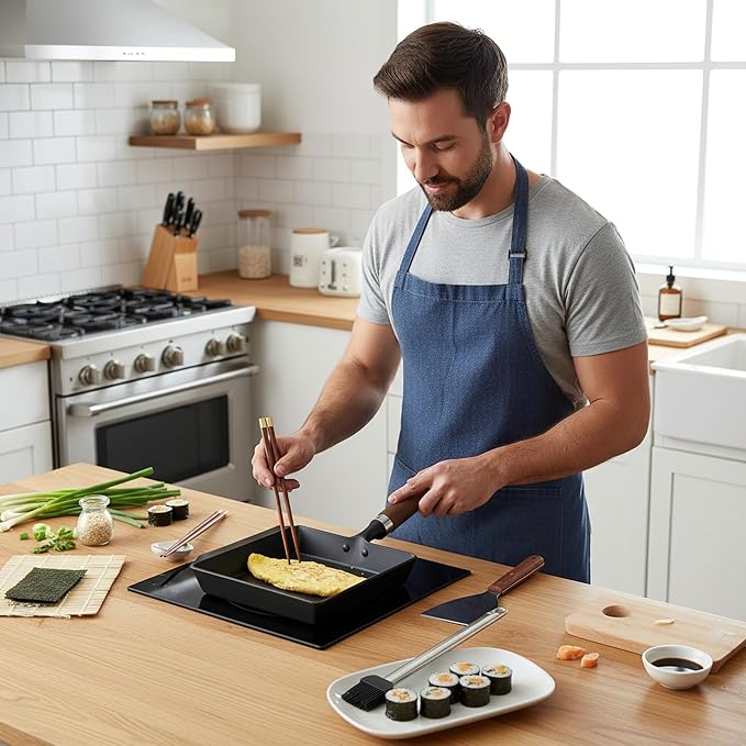 Japanese Cast Iron Tamagoyaki Pan - Pre-Seasoned Liquid Nitrogen Treated Non-Rust Ready to Use Detachable Wood Handle Oven Safe for Omelets Steak &amp Camping Chemical-Free Non-Stick9x7 Inch