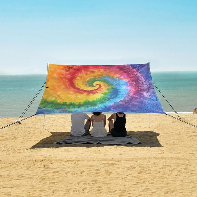 ALAZA Swirl Tie Dye Rainbow Color Beach Tent Sun Shelter UPF50+ Protection Beach Shade Canopy w/ 4 Sandbags for Outdoor Camping Fishing Backyard Fun Picnic 10x9 ft