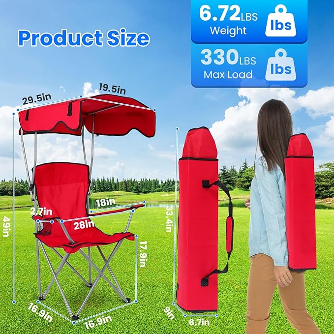 Camping Chair with CanopyOutdoor Folding Chair with Adjustable Shade &amp Cup Holder Heavy Duty Beach Chair for Adult Portable Camping Recliner Support 334 LBS