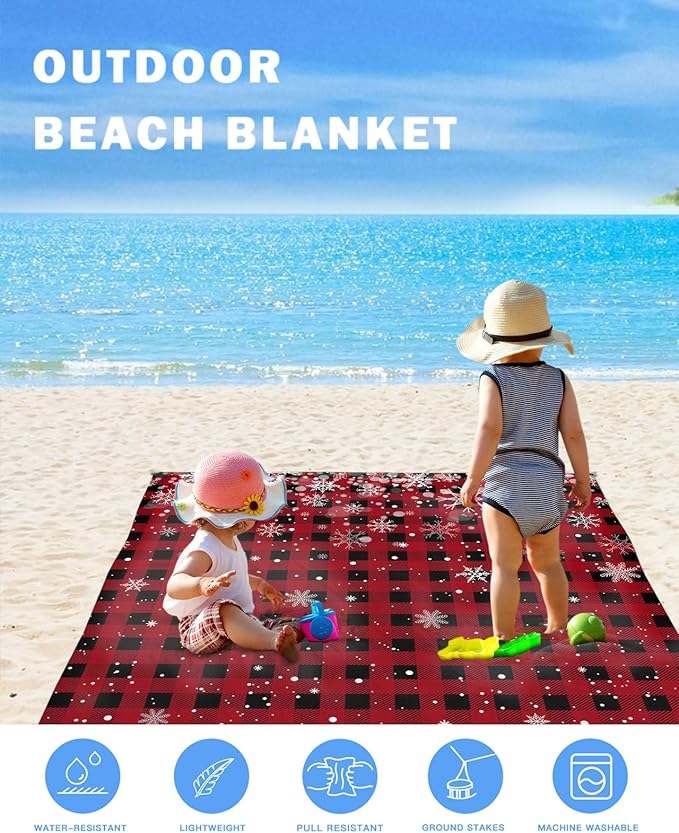 Beach Blanket Waterproof Sandproof Classic Black and Red Buffalo Plaid Quick Drying Beach Mat with 4 Stakes Winter Christmas Snowflakes Lightweight Picnic Blanket for Travel Camping Outdoor 83x79
