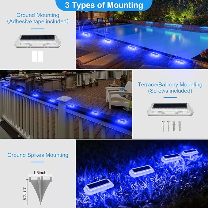 T-SUN Solar Deck Lights Outdoor Waterproof Deck Lights Solar Powered Driveway Marker Light for Fence Front Door Step Stair Garden Sidewalk Pathway Dock Porch Backyard (Blue 12 Packs)